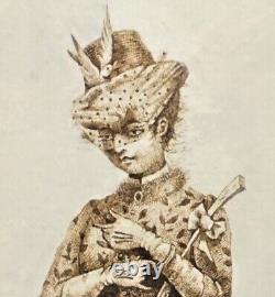 Dessin Original Art Nouveau, Jeune Femme Elégante PARIS 1900 La Belle Epoque