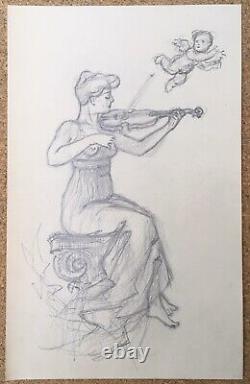 Dessin Original Portrait Femme Musicienne Violon Angelot G. Lesage Art Nouveau