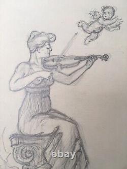 Dessin Original Portrait Femme Musicienne Violon Angelot G. Lesage Art Nouveau
