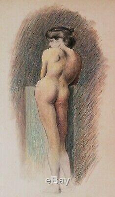 Dessin aquarelle tableau femme nue modèle nu féminin 1900 école italienne étude