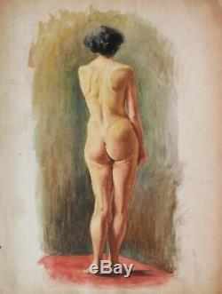 Dessin aquarelle tableau femme nue modèle nu féminin 1900 école italienne étude