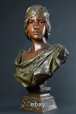 E. Villanis Grand Bronze Ancien Sculpture Portrait femme Sybille Art Nouveau 70cm
