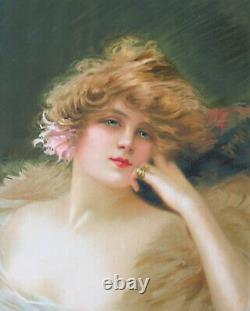 Edouard Bisson Ancienne très grande lithographie Portrait femme Art Nouveau