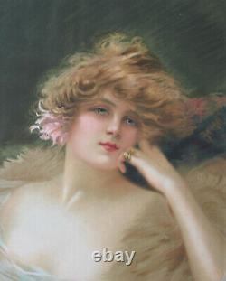Edouard Bisson Ancienne très grande lithographie Portrait femme Art Nouveau