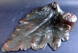 Elégant encrier Art nouveau femme feuille Old fine Jugendstil inkwell leaf woman