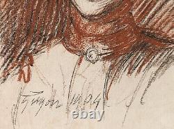 Elen GUYON dessin sanguine fusain portrait jeune femme Art Nouveau 1900 tableau