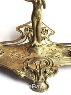 Encrier de bureau bronze doré, Art Nouveau Jugendstil, Iris et sculpture Femme