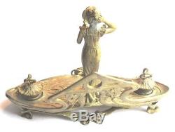 Encrier de bureau bronze doré, Art Nouveau Jugendstil, Iris et sculpture Femme