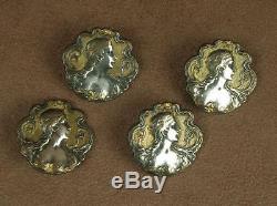 Ensemble De 4 Boutons Anciens Art Nouveau Bronze Argente Et Dore Decor Femme