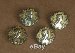 Ensemble De 4 Boutons Anciens Art Nouveau Bronze Argente Et Dore Decor Femme