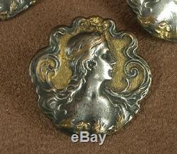 Ensemble De 4 Boutons Anciens Art Nouveau Bronze Argente Et Dore Decor Femme