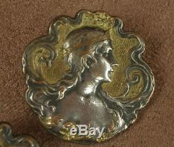 Ensemble De 4 Boutons Anciens Art Nouveau Bronze Argente Et Dore Decor Femme