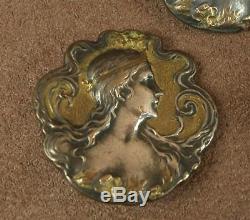 Ensemble De 4 Boutons Anciens Art Nouveau Bronze Argente Et Dore Decor Femme