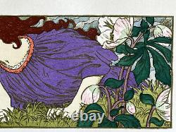 Eugène Grasset Gravure Art Nouveau Lithographie femme Et fleurs 1898