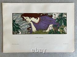 Eugène Grasset Gravure Art Nouveau Lithographie femme Et fleurs 1898