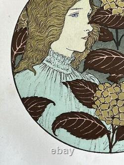Eugène Grasset Gravure Art Nouveau Lithographie femme fleurs Hortensia 1898