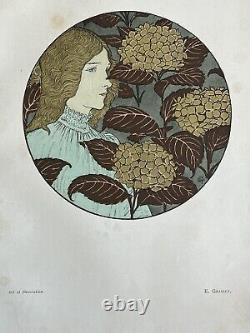 Eugène Grasset Gravure Art Nouveau Lithographie femme fleurs Hortensia 1898