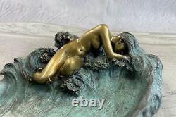 Européenne Bronze Sculpture Style Art Nouveau Femme Lotus Bijou Plat Patine Sale