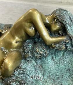 Européenne Bronze Sculpture Style Art Nouveau Femme Lotus Bijou Plat Patine Sale