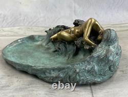Européenne Bronze Sculpture Style Art Nouveau Femme Lotus Bijou Plat Vert Patine