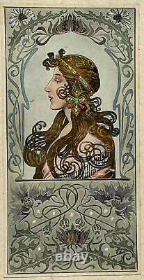 FEMME PROFIL Gravure ESTAMPE dans le gout de Mucha ART NOUVEAU XX°