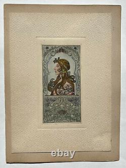 FEMME PROFIL Gravure ESTAMPE dans le gout de Mucha ART NOUVEAU XX°