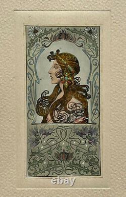 FEMME PROFIL Gravure ESTAMPE dans le gout de Mucha ART NOUVEAU XX°