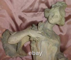 FLORAN Statue céramique / terre cuite 1900 Femme & fleur art nouveau à restaurer