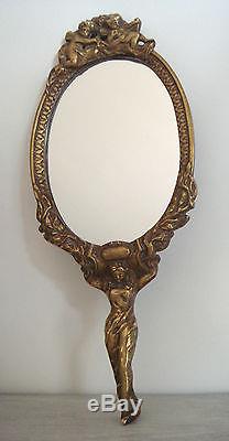Face A Main Miroir En Bronze A Decor D'anges Et Femme Drapée Art Nouveau