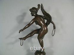 Femme Danseuse Nue Aux Anneaux Sculpture Art Nouveau Bronze Ancien Signé Faure
