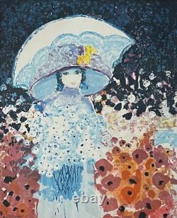 Femme à l'ombrelle dans le goût art nouveau vers 1980 signature illisible