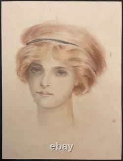 Femme art nouveau vers 1910 coiffure anonyme pastel fixé France