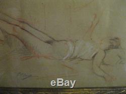Femme nue aux trois crayons signé Elsig Art Nouveau Art Déco / 1920 1930