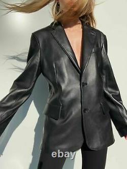 Femmes Surdimensionné Blazer Cuir Véritable Veste Deux Bouton Noir Long Costume