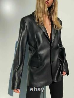 Femmes Surdimensionné Blazer Cuir Véritable Veste Deux Bouton Noir Long Costume