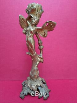 Figurine bougeoir art nouveau Jugendstil bronze dore femme ailées libellule