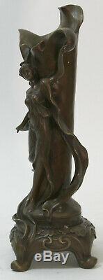 Fin Original Art Nouveau Bronze Sculpture Vase avec / Nu Femme Kassin 1985