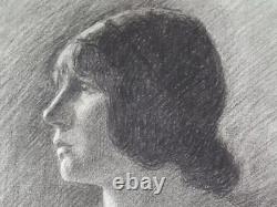 Fusain Antique Ancien Dessin Original Art Nouveau Profil Portrait de Femme