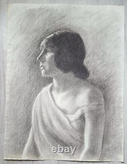 Fusain Antique Ancien Dessin Original Art Nouveau Profil Portrait de Femme