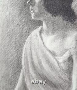 Fusain Antique Ancien Dessin Original Art Nouveau Profil Portrait de Femme