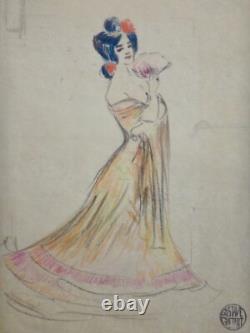 GUSTAVE GUETANT (1873 -1953) Dessin Femme à l'éventail Art Nouveau 1900
