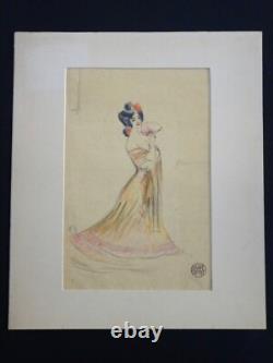 GUSTAVE GUETANT (1873 -1953) Dessin Femme à l'éventail Art Nouveau 1900