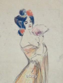 GUSTAVE GUETANT (1873 -1953) Dessin Femme à l'éventail Art Nouveau 1900