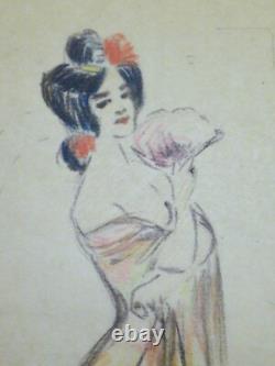 GUSTAVE GUETANT (1873 -1953) Dessin Femme à l'éventail Art Nouveau 1900