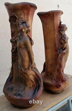 Garniture de Cheminée Duo de Vases en Plâtre Art Nouveau Femme Fleur 49 cm