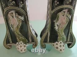 Garniture de cheminée barbotine Bruyn Fives de Lille art nouveau femme nue Mucha