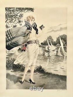 Georges Grellet Gravure Femme A La Jumelle Course Bateau 1900 Art Nouveau G616