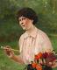 Georges Récipon Tableau Huile Toile Portrait Femme Jardin Fleurs Roses Ombrelle