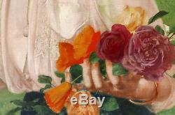 Georges Récipon tableau huile toile portrait femme jardin fleurs roses ombrelle