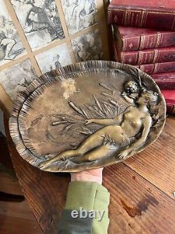 Grand Plateau Bronze Art Nouveau Femme & Enfant Vide Poche Erotique Vers 1900